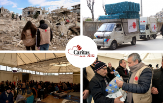 kolaž - delatnici Caritasa pred ruševinama, kamion sa humanitarnom pomoći, hala sa smeštenim stanovništvom, delatnik Caritasa uručuje paket humanitarne pomoći