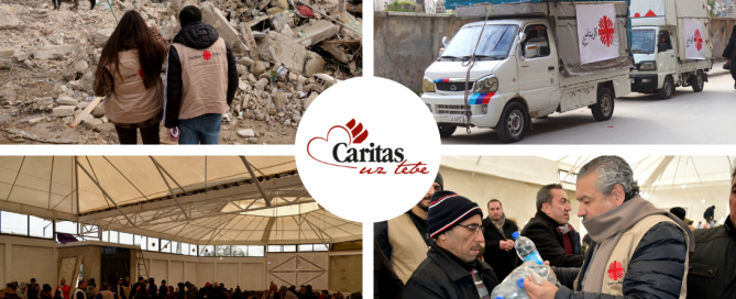 kolaž - delatnici Caritasa pred ruševinama, kamion sa humanitarnom pomoći, hala sa smeštenim stanovništvom, delatnik Caritasa uručuje paket humanitarne pomoći