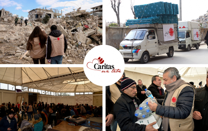 kolaž - delatnici Caritasa pred ruševinama, kamion sa humanitarnom pomoći, hala sa smeštenim stanovništvom, delatnik Caritasa uručuje paket humanitarne pomoći