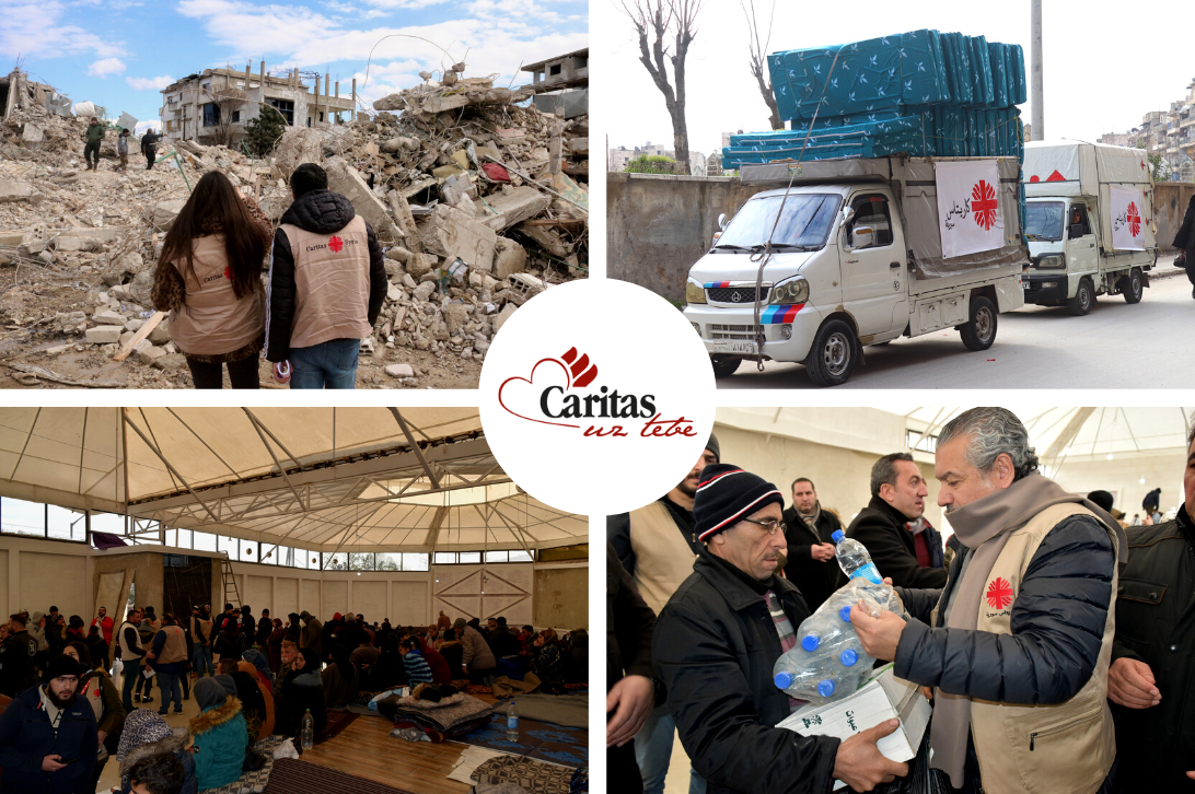 kolaž - delatnici Caritasa pred ruševinama, kamion sa humanitarnom pomoći, hala sa smeštenim stanovništvom, delatnik Caritasa uručuje paket humanitarne pomoći
