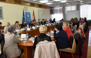 Veliki broj učesnika dijaloga sedi oko konferencijsog stola. U pozadini se vidi zastava Republike Srbije