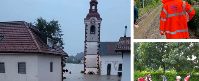 Poplavljena ulica, kuća i crkva. Delatnici Caritasa u akciji.