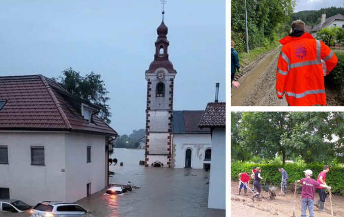 Poplavljena ulica, kuća i crkva. Delatnici Caritasa u akciji.